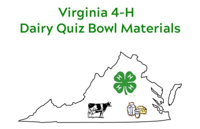 Virginia 4-H Dairy Quiz Bowl Materials  image. State of Virginia outline. Holstein dairy cow, 4-H Clover emblem, and dairy products within borders.