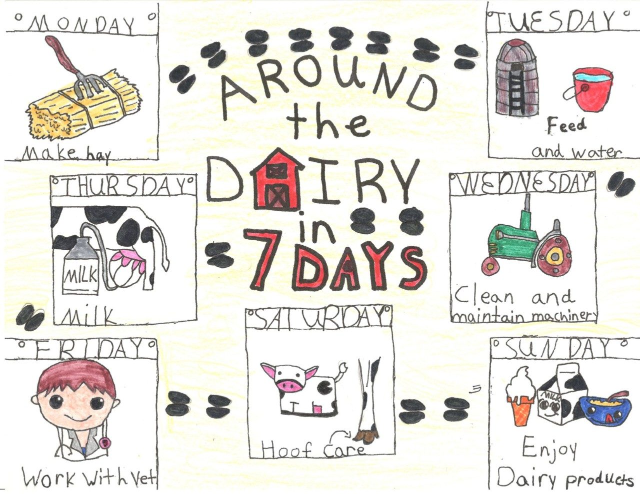 2023 June Dairy Month Poster Contest. Around the Dairy in 7 Days. Lydia Driver, Rockingham County, Junior Division. First Place.