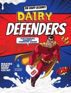 The Dairy Alliance. Dairy Defenders. National Dairy Month 2025. Making Every Drop Count. Red and blue background. Superhero with a gallon of milk in a red and gold costume.The Dairy Alliance logo.